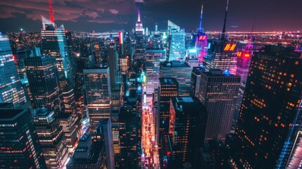 Poster - A captivating view of the bustling streets and iconic skyscrapers of New York City at night with a dazzling array of city lights and reflective glass buildings