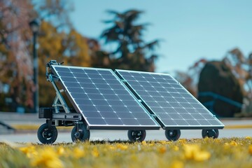 Two portable solar panels capturing sunlight and generating clean energy in a park, showcasing renewable energy solutions for a sustainable future