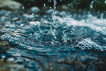 Poster - Water is falling and splashing on a blue water surface creating bubbles
