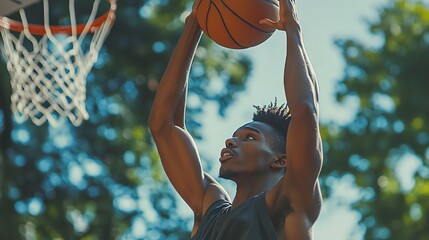 Canvas Print - A basketball player shoots the ball outdoors.