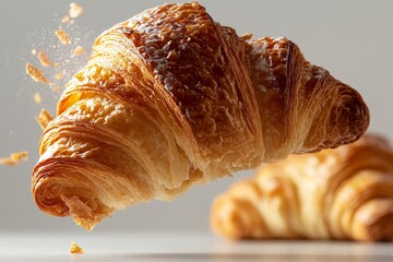 A flaky, golden-brown croissant floating in mid-air, capturing the essence of freshly baked pastry.