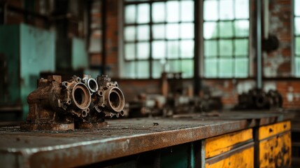 This image captures aged machinery parts resting on a steel workbench set inside an old, sunlight-filled factory, highlighting industrial charm and rustic aesthetics.