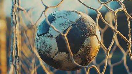 Wall Mural - A soccer ball in the back of the net.