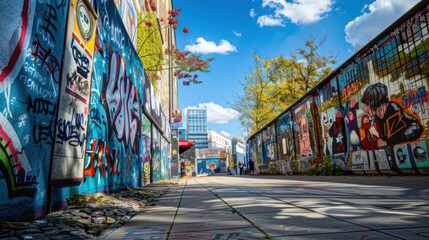 Aufkleber - A captivating view of the lively street art and eclectic architecture of Berlin with vibrant murals and modern urban elements, urban setting with vivid colors and eclectic designs, Berlin style