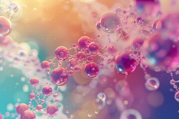 Poster - Microscopic view of pink bubbles floating and forming bonds on colorful abstract background with soft focus