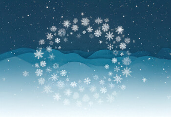 A snowy scene with white snowflakes swirling in a circle over a blue mountain range against a starry night sky.