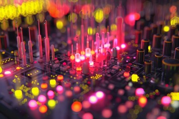 Poster - Abstract electronic circuit board with many glowing components transmitting data