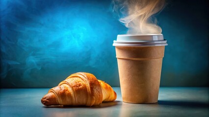 Canvas Print - A steaming cup of coffee with a flaky croissant, a morning treat for the senses