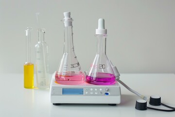 Poster - laboratory equipment heating chemicals inside erlenmeyer flasks on top of a hot plate stirrer