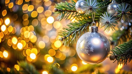 Poster - A shimmering silver Christmas ornament hangs from a pine bough, illuminated by soft, warm lights that create a festive backdrop.