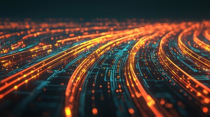 Poster - A vibrant abstract design featuring glowing lines in orange and blue, resembling digital pathways or data streams in a futuristic landscape.