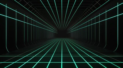 Poster - A futuristic tunnel with glowing green grid lines leading into an unlit space, creating a sense of depth and movement.