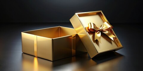 Poster - An open golden gift box with a satin bow, gleaming with elegance and anticipation on a dark backdrop.