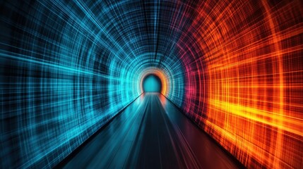 Poster - A futuristic tunnel depicted with dynamic blue and orange light patterns, creating a sense of motion and depth.