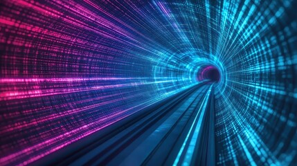 Poster - A vibrant, futuristic tunnel of light showcasing swirling pink and blue patterns, symbolizing speed, movement, and digital connectivity.