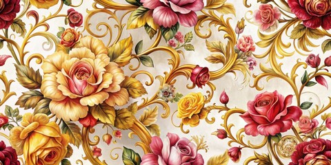 Poster - A seamless pattern of delicate roses and ornate gold scrollwork, creating a luxurious and romantic floral design.