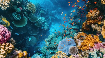 Aufkleber - A captivating view of the vibrant coral reefs and diverse marine life in the Great Barrier Reef with clear blue waters and colorful fish, underwater setting with vivid blues and bright coral colors