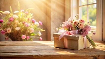 Poster - Gift box with a pink ribbon and bouquet of roses on a wooden table, bathed in warm sunlight