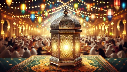 Traditional Ramadan Lantern Illuminates Festive Gathering. generator AI