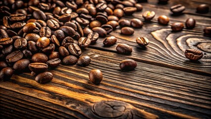 Poster - A scattering of roasted coffee beans on a rustic wooden surface, showcasing the rich aroma and depth of flavor that awaits in every cup.