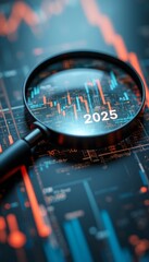 A magnifying glass hovering over stock market data with the year 2025 in focus, symbolizing future financial trends and investment opportunities. The image emphasizes analysis, finance, and future