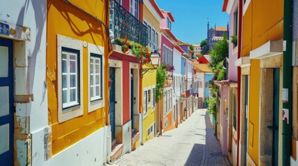 Aufkleber - A charming coastal town in Portugal with narrow cobblestone streets and colorful buildings, picturesque setting with sunny weather, Mediterranean style