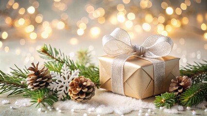 Aufkleber - A Golden Gift Box with a Silver Bow Resting on a Snowy Surface Decorated with Pine Branches and Snowflakes, Under a Canopy of Warmly Glowing Lights