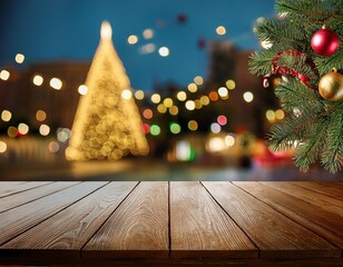 Wall Mural - christmas table background with christmas tree bokeh