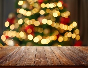 Wall Mural - christmas table background with christmas tree bokeh
