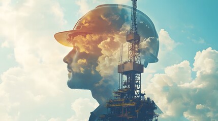 Aufkleber - Double Exposure of Worker and Oil Rig under Sky