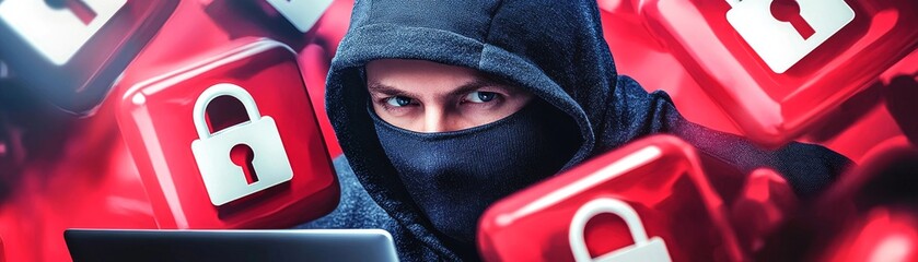 Poster - Digital Cyber Security Concept: Hooded Hacker Surrounded by Padlock Icons on Sony Color Photography Style Background