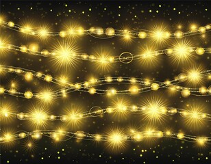 Wall Mural -  decorative christmas yellow glowing light chains with sparkles and bokeh effects seamless pattern on dark background