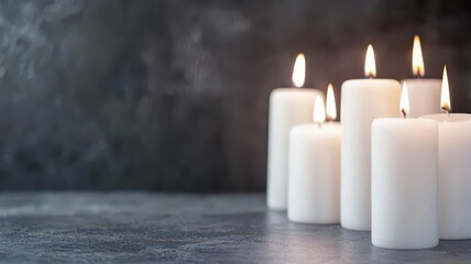 White candles lit in a row, their flames gently flickering, creating a serene and romantic Valentine's mood