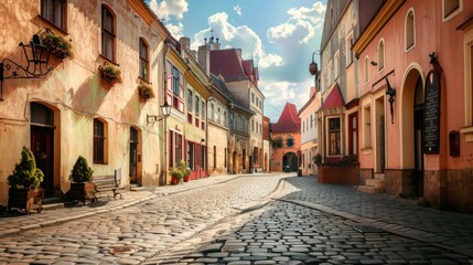 Aufkleber - A charming old-world European square with cobblestone streets and historic architecture, picturesque setting with vibrant street life, European style