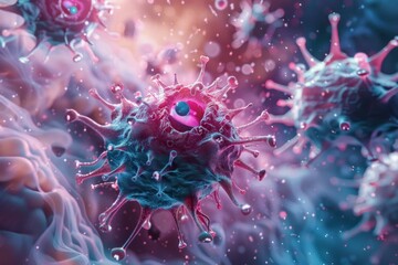 Microscopic view of virus cells attacking a human body, causing sickness and infection