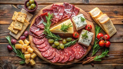 Poster - A Rustic Wooden Board Filled with Delectable Delights Salami, Prosciutto, Cheese, and Fresh Herbs, Ready for a Festive Gathering