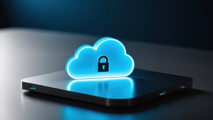 A secure cloud icon glowing above a modern device, symbolizing encrypted cloud storage and data recovery solutions. Ideal for content on cybersecurity, IT resilience, and data protection.