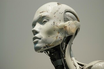 Poster - Close up of a humanoid robot's head, showcasing intricate circuitry and wiring