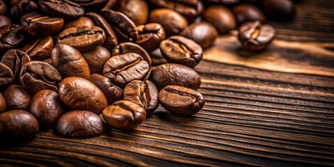 Sticker - A close-up of roasted coffee beans scattered on a rustic wooden surface, showcasing their rich brown color and intricate textures.