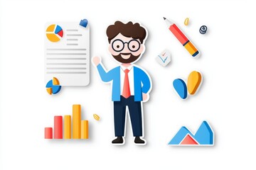 Poster - cheerful man with glasses in a blue suit presenting data analysis with charts and graphs.