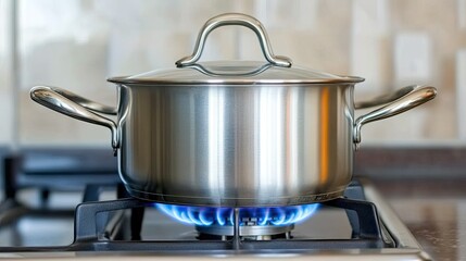 Close-up of a gas burner with a pot resting on it, showing blue flames and the sleek metallic design of a modern gas cooker.