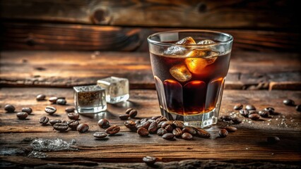 Poster - A close-up view of a chilled coffee liqueur with ice cubes on a rustic wooden surface, surrounded by roasted coffee beans.