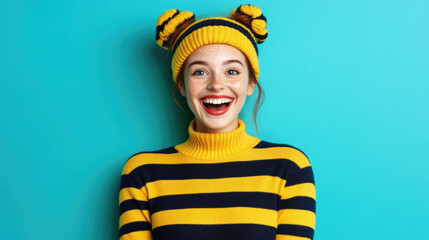 Wall Mural - Joyful woman in striped sweater and knit hat against turquoise background smiling brightly