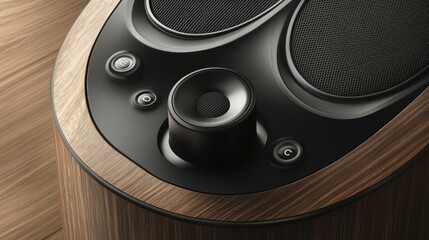 Close-up of the speaker cone and tweeter in a large acoustic speaker, highlighting the texture and craftsmanship of the sound system.