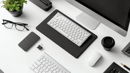 Poster - Top view of a clean workspace with a computer, keyboard, mouse, and other office supplies.
