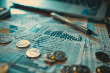 Poster - financial data is being analyzed by an analyst using various documents with coins and charts display