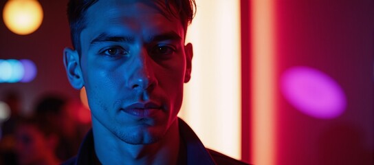 Close-up portrait of a modern pop art gay man with neon nightlight glow and fluorescent colors in a bold graphic style for an LGBT party or nightclub setting