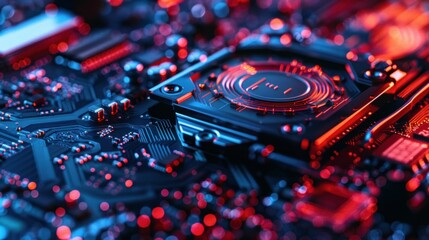 Poster - Technology, circuit board, macro shot, futuristic, electronic components, blue and red lighting, intricate details A close up view of a modern circuit board with vibrant colors