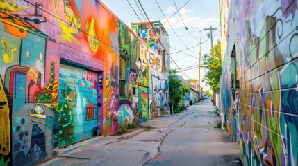 Aufkleber - A colorful street art district with vibrant murals, graffiti, and lively urban atmosphere