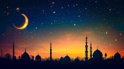Wall Mural - a serene night sky background featuring a glowing crescent moon surrounded by twinkling stars, set a